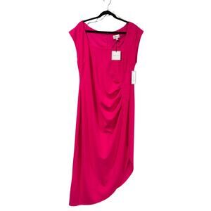 Y2K Hot Pink Ruched Formal Dress Square Neck Angled Hem Prom Party Dress Size 16